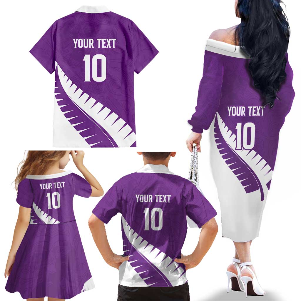 Custom New Zealand Cricket Family Matching Off The Shoulder Long Sleeve Dress and Hawaiian Shirt Kiwi Birds Haka Dance Purple Fern Sporty Style
