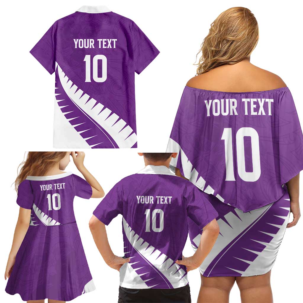 Custom New Zealand Cricket Family Matching Off Shoulder Short Dress and Hawaiian Shirt Kiwi Birds Haka Dance Purple Fern Sporty Style