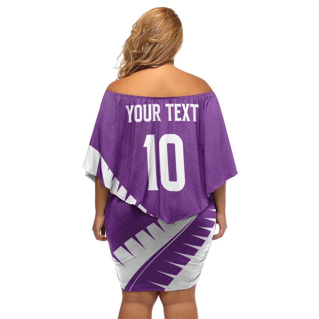 Custom New Zealand Cricket Family Matching Off Shoulder Short Dress and Hawaiian Shirt Kiwi Birds Haka Dance Purple Fern Sporty Style