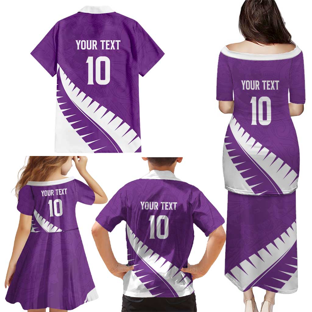Custom New Zealand Cricket Family Matching Puletasi and Hawaiian Shirt Kiwi Birds Haka Dance Purple Fern Sporty Style