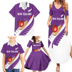 Custom New Zealand Cricket Family Matching Summer Maxi Dress and Hawaiian Shirt Kiwi Birds Haka Dance Purple Fern Sporty Style