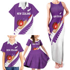 Custom New Zealand Cricket Family Matching Tank Maxi Dress and Hawaiian Shirt Kiwi Birds Haka Dance Purple Fern Sporty Style