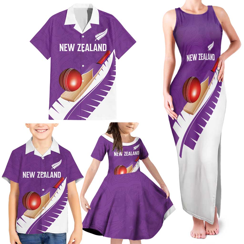 Custom New Zealand Cricket Family Matching Tank Maxi Dress and Hawaiian Shirt Kiwi Birds Haka Dance Purple Fern Sporty Style