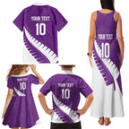 Custom New Zealand Cricket Family Matching Tank Maxi Dress and Hawaiian Shirt Kiwi Birds Haka Dance Purple Fern Sporty Style