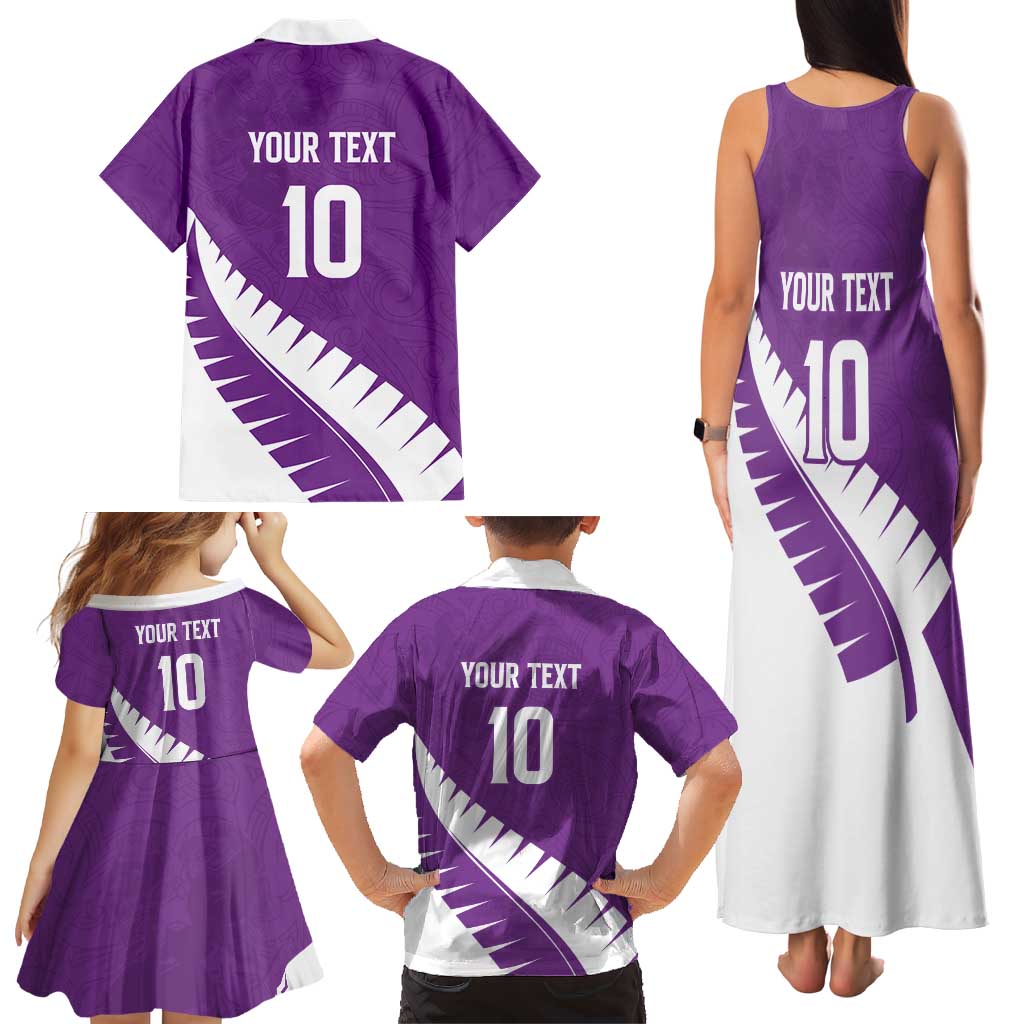 Custom New Zealand Cricket Family Matching Tank Maxi Dress and Hawaiian Shirt Kiwi Birds Haka Dance Purple Fern Sporty Style