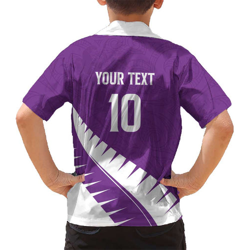 Custom New Zealand Cricket Kid Hawaiian Shirt Kiwi Birds Haka Dance Purple Fern Sporty Style