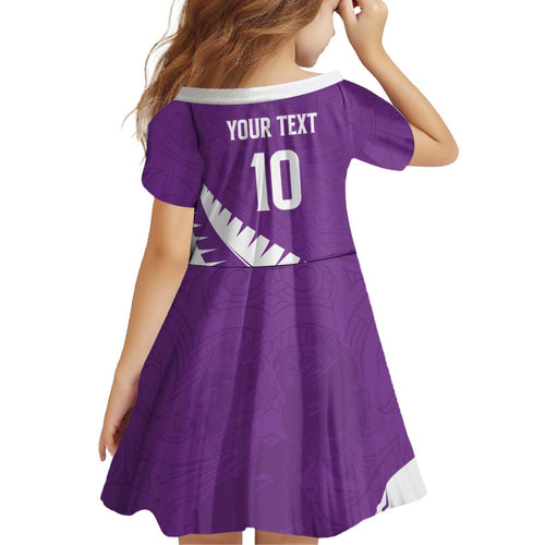 Custom New Zealand Cricket Kid Short Sleeve Dress Kiwi Birds Haka Dance Purple Fern Sporty Style