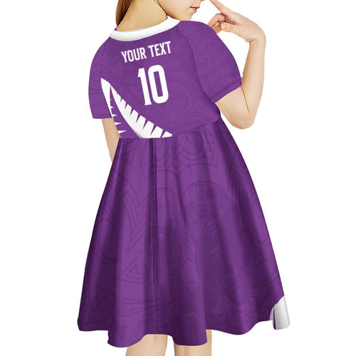 Custom New Zealand Cricket Kid Short Sleeve Dress Kiwi Birds Haka Dance Purple Fern Sporty Style