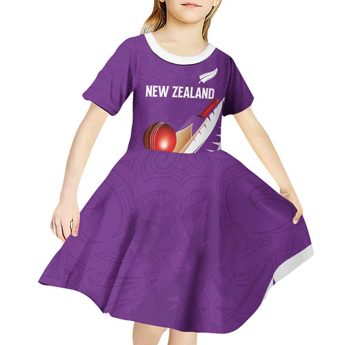 Custom New Zealand Cricket Kid Short Sleeve Dress Kiwi Birds Haka Dance Purple Fern Sporty Style