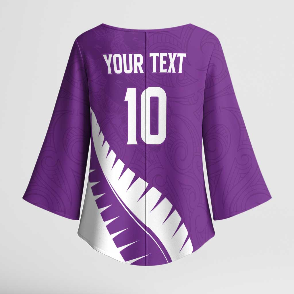 Custom New Zealand Cricket Kimono Sleeve Blouse Kiwi Birds Haka Dance Purple Fern Sporty Style