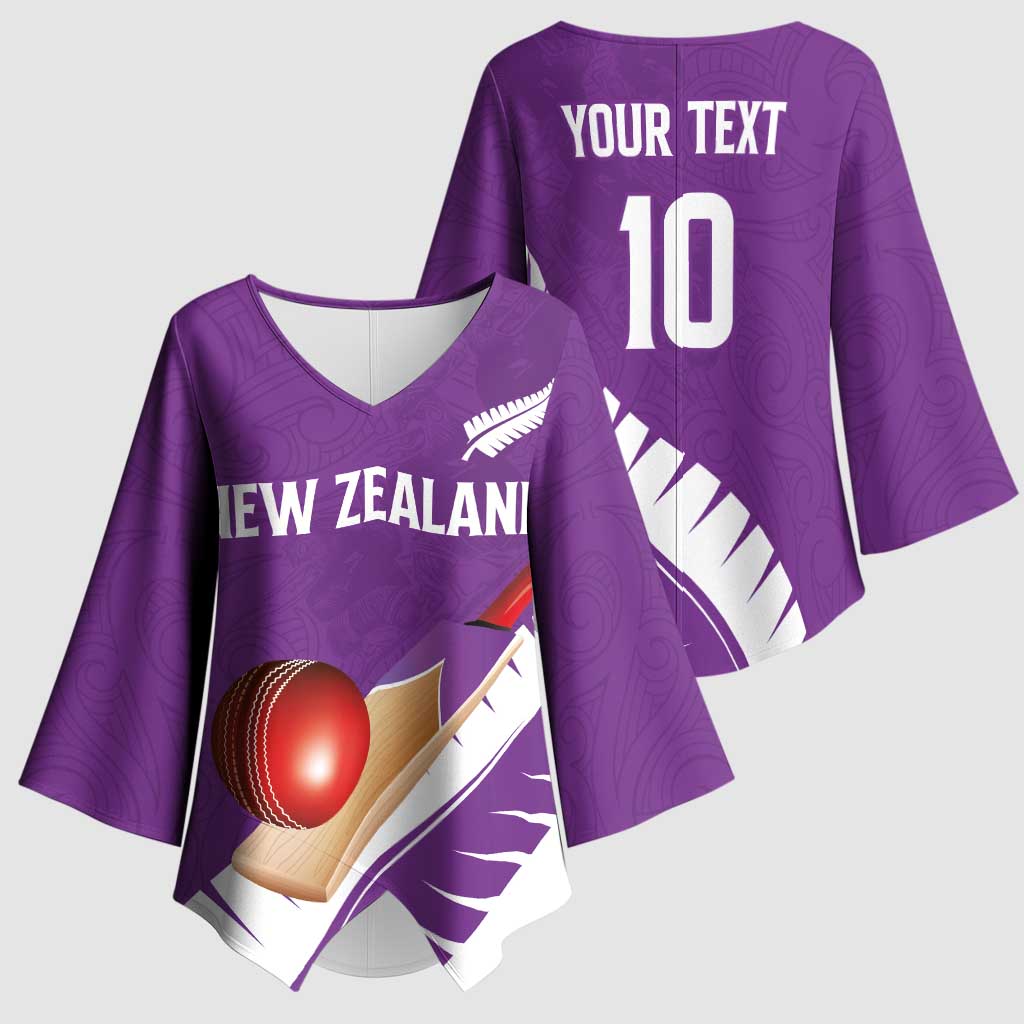 Custom New Zealand Cricket Kimono Sleeve Blouse Kiwi Birds Haka Dance Purple Fern Sporty Style