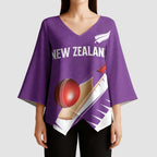 Custom New Zealand Cricket Kimono Sleeve Blouse Kiwi Birds Haka Dance Purple Fern Sporty Style