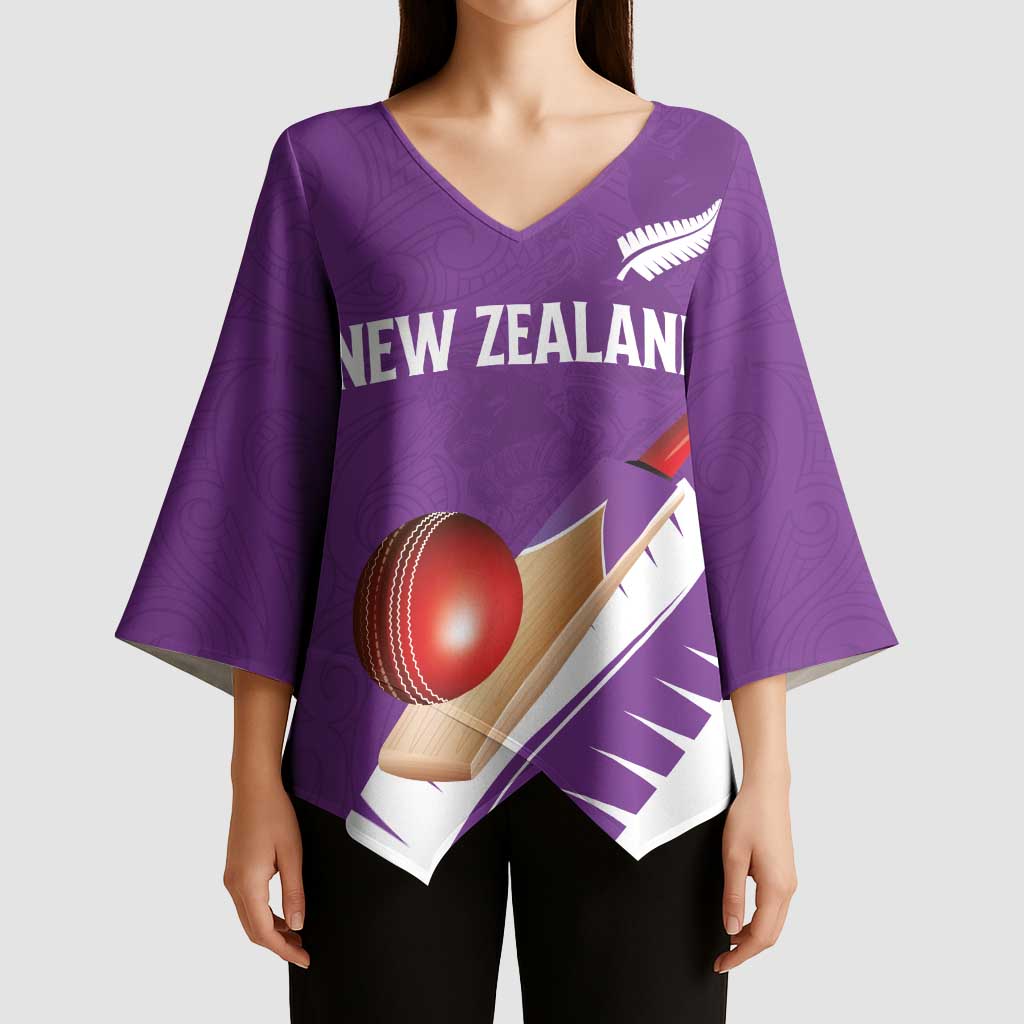 Custom New Zealand Cricket Kimono Sleeve Blouse Kiwi Birds Haka Dance Purple Fern Sporty Style