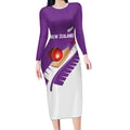 Custom New Zealand Cricket Long Sleeve Bodycon Dress Kiwi Birds Haka Dance Purple Fern Sporty Style