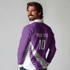 Custom New Zealand Cricket Long Sleeve Polo Shirt Kiwi Birds Haka Dance Purple Fern Sporty Style