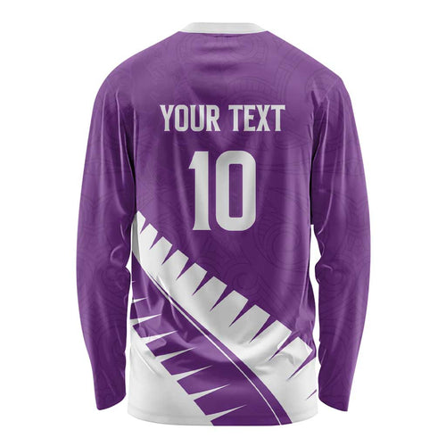 Custom New Zealand Cricket Long Sleeve Shirt Kiwi Birds Haka Dance Purple Fern Sporty Style