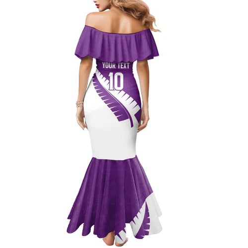 Custom New Zealand Cricket Mermaid Dress Kiwi Birds Haka Dance Purple Fern Sporty Style