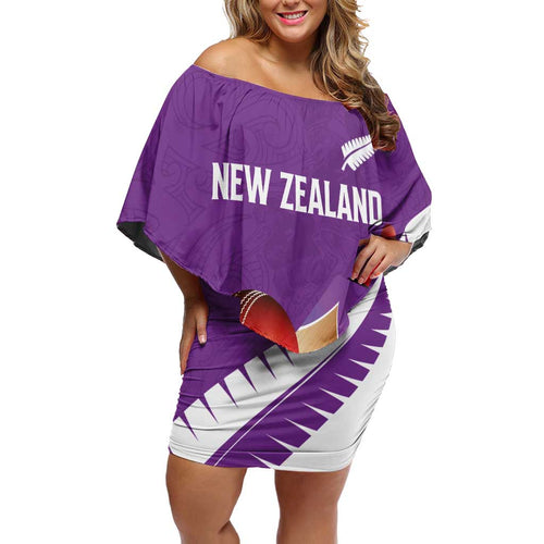 Custom New Zealand Cricket Off Shoulder Short Dress Kiwi Birds Haka Dance Purple Fern Sporty Style