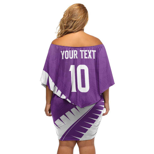 Custom New Zealand Cricket Off Shoulder Short Dress Kiwi Birds Haka Dance Purple Fern Sporty Style