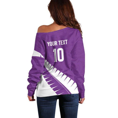 Custom New Zealand Cricket Off Shoulder Sweater Kiwi Birds Haka Dance Purple Fern Sporty Style