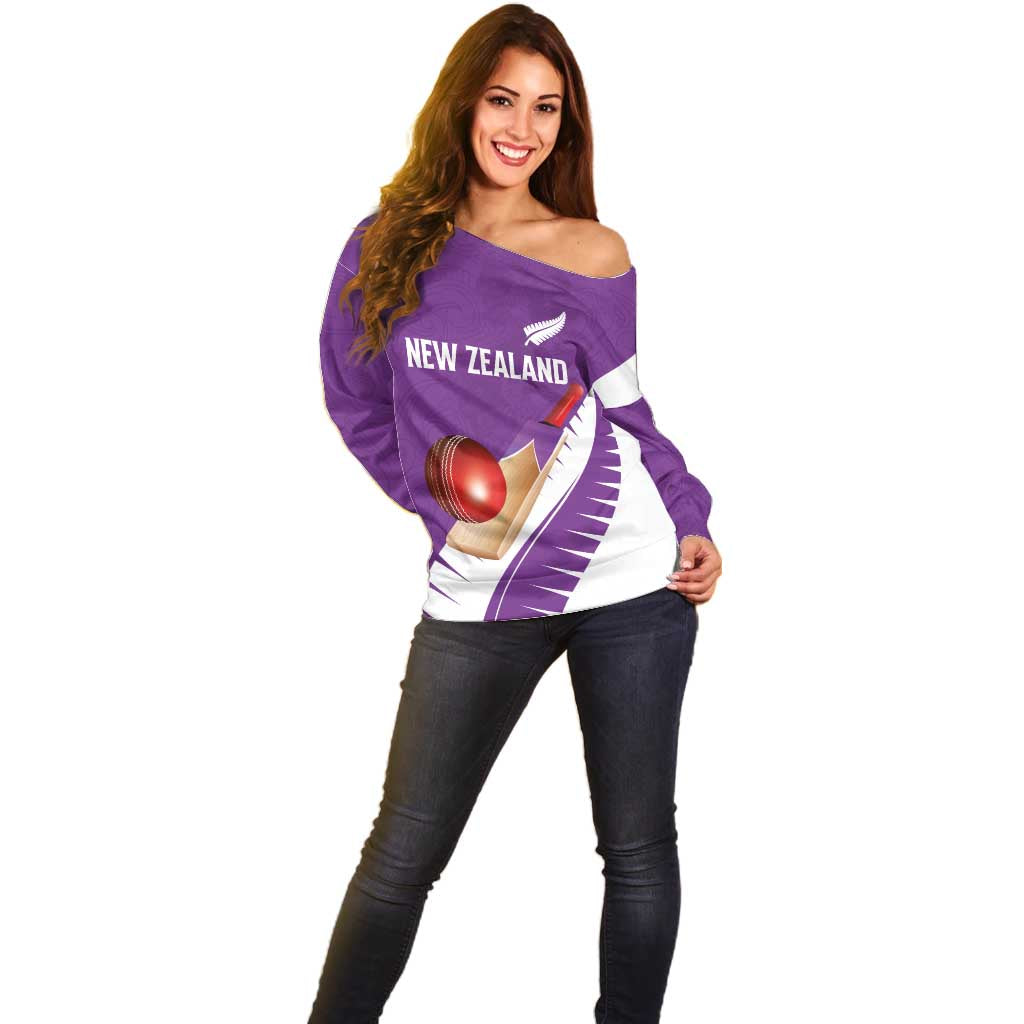 Custom New Zealand Cricket Off Shoulder Sweater Kiwi Birds Haka Dance Purple Fern Sporty Style