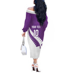 Custom New Zealand Cricket Off The Shoulder Long Sleeve Dress Kiwi Birds Haka Dance Purple Fern Sporty Style