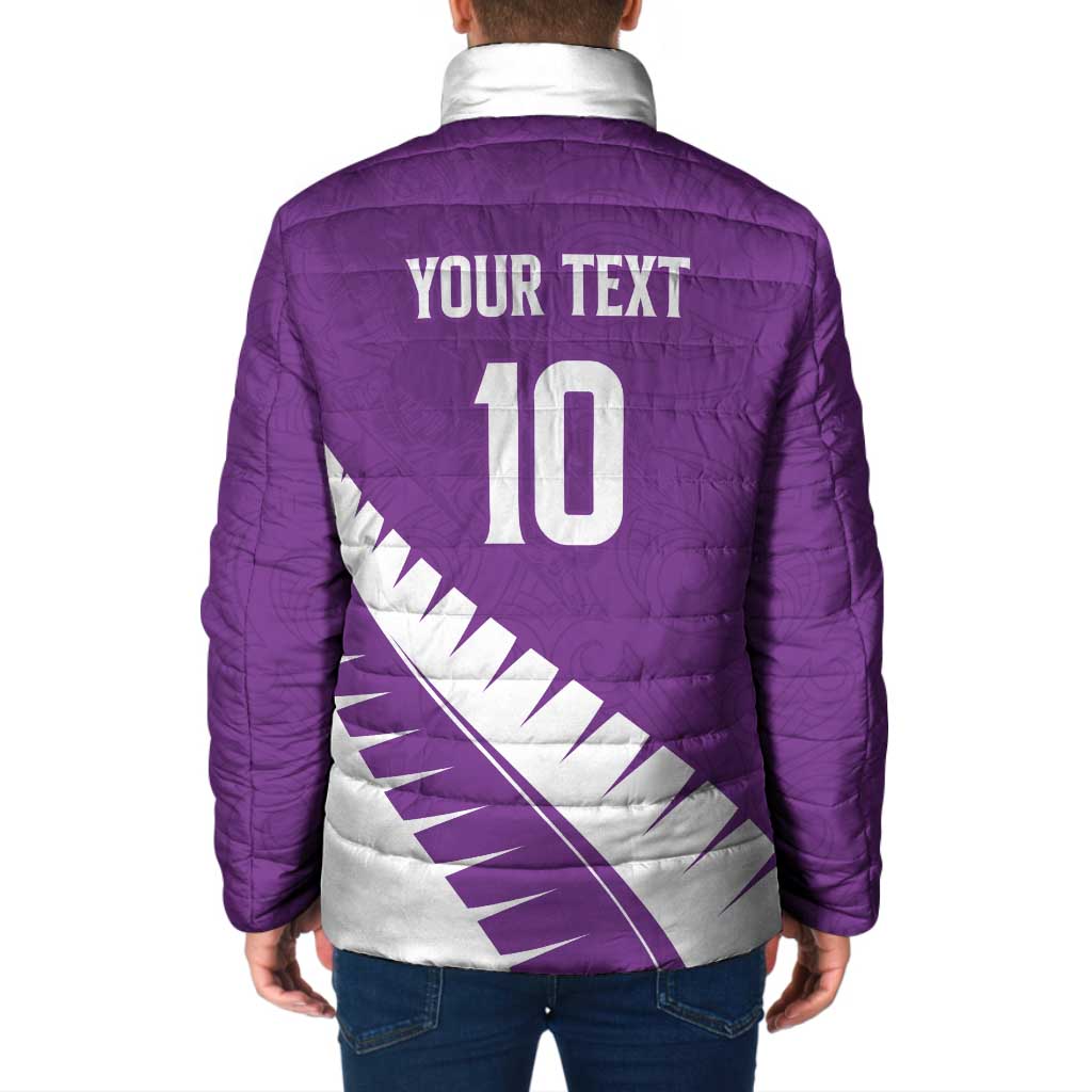 Custom New Zealand Cricket Padded Jacket Kiwi Birds Haka Dance Purple Fern Sporty Style