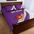 New Zealand Cricket Quilt Bed Set Kiwi Birds Haka Dance Purple Fern Sporty Style