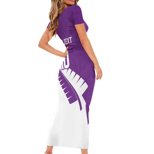 Custom New Zealand Cricket Short Sleeve Bodycon Dress Kiwi Birds Haka Dance Purple Fern Sporty Style