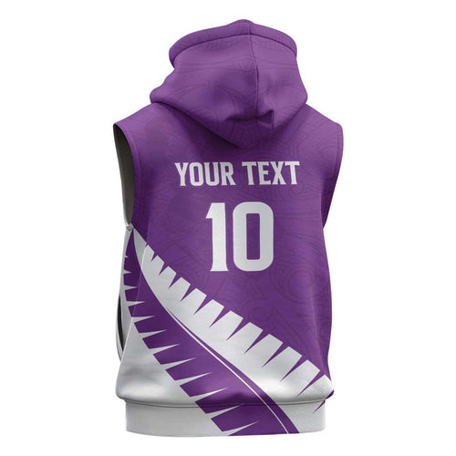 Custom New Zealand Cricket Sleeveless Hoodie Kiwi Birds Haka Dance Purple Fern Sporty Style