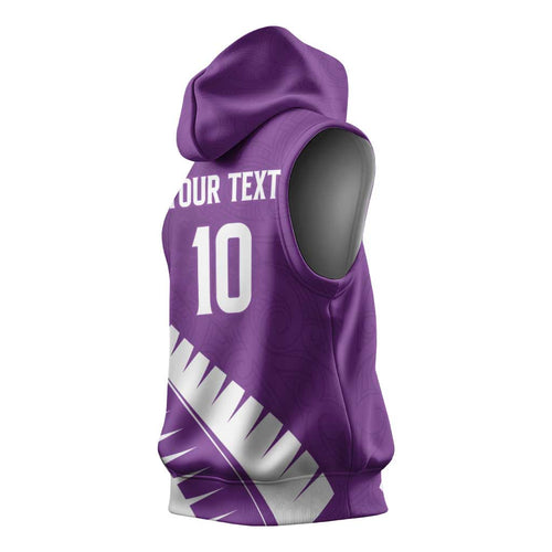 Custom New Zealand Cricket Sleeveless Hoodie Kiwi Birds Haka Dance Purple Fern Sporty Style