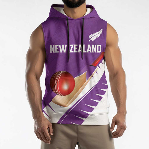 Custom New Zealand Cricket Sleeveless Hoodie Kiwi Birds Haka Dance Purple Fern Sporty Style