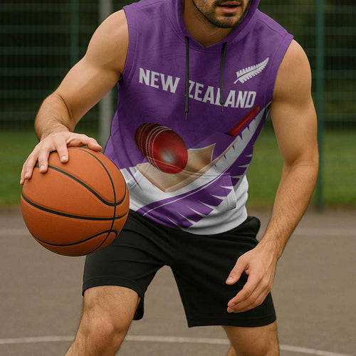 Custom New Zealand Cricket Sleeveless Hoodie Kiwi Birds Haka Dance Purple Fern Sporty Style
