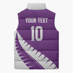 Custom New Zealand Cricket Sleeveless Puffer Jacket Kiwi Birds Haka Dance Purple Fern Sporty Style