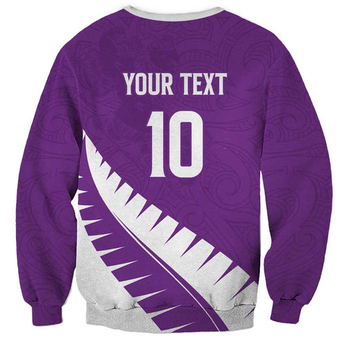 Custom New Zealand Cricket Sweatshirt Kiwi Birds Haka Dance Purple Fern Sporty Style