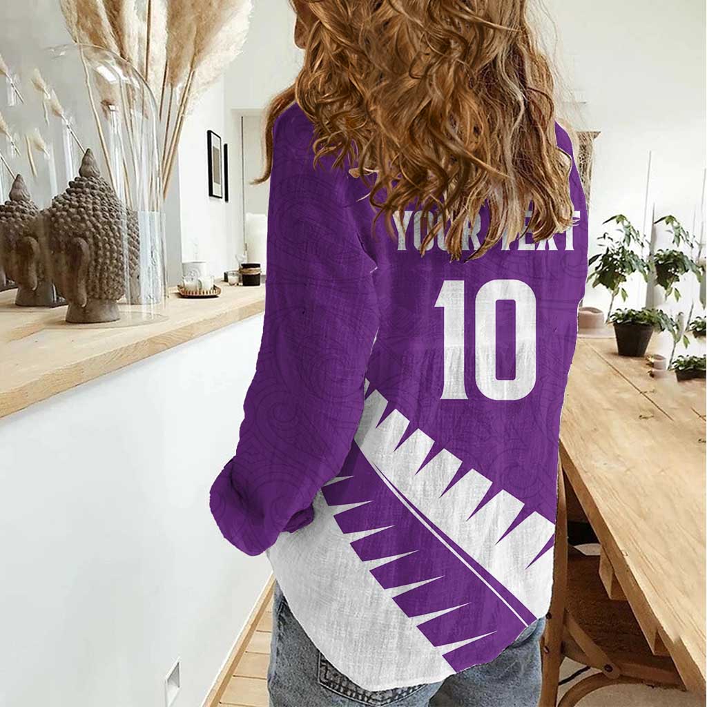 Custom New Zealand Cricket Women Casual Shirt Kiwi Birds Haka Dance Purple Fern Sporty Style