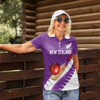 Custom New Zealand Cricket Women Polo Shirt Kiwi Birds Haka Dance Purple Fern Sporty Style