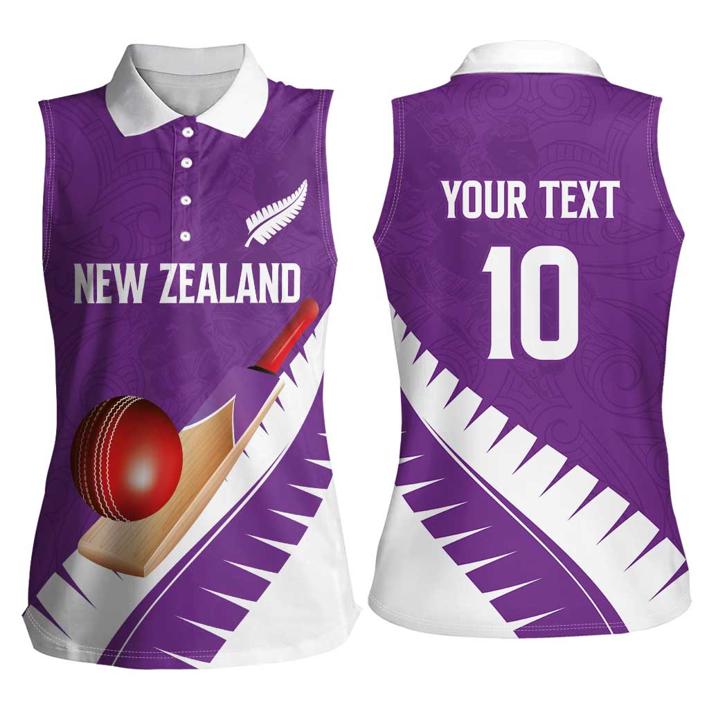 Custom New Zealand Cricket Women Sleeveless Polo Shirt Kiwi Birds Haka Dance Purple Fern Sporty Style