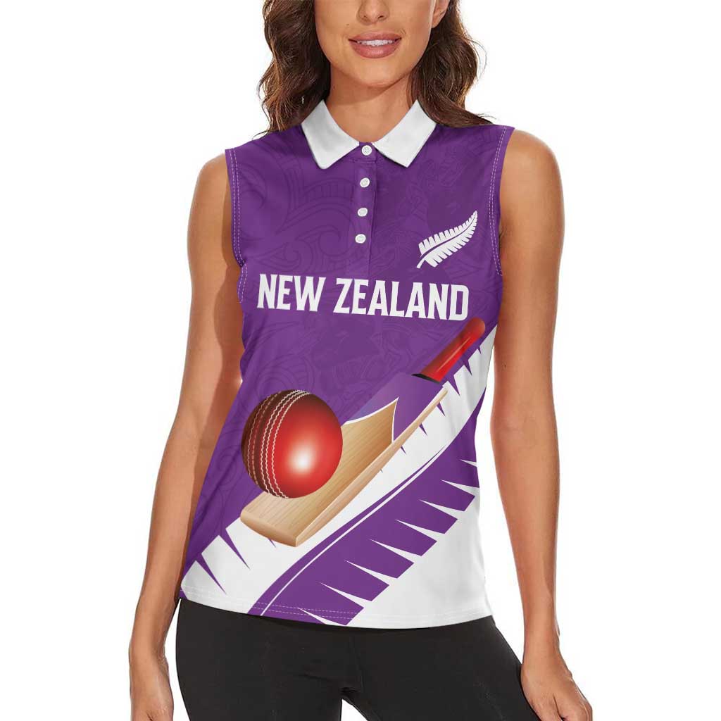 Custom New Zealand Cricket Women Sleeveless Polo Shirt Kiwi Birds Haka Dance Purple Fern Sporty Style