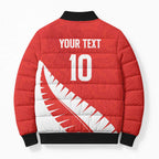 Custom New Zealand Cricket Bomber Puffer Jacket Kiwi Birds Haka Dance Red Fern Sporty Style