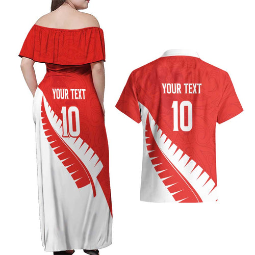 Custom New Zealand Cricket Couples Matching Off Shoulder Maxi Dress and Hawaiian Shirt Kiwi Birds Haka Dance Red Fern Sporty Style