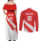 Custom New Zealand Cricket Couples Matching Off Shoulder Maxi Dress and Long Sleeve Button Shirt Kiwi Birds Haka Dance Red Fern Sporty Style