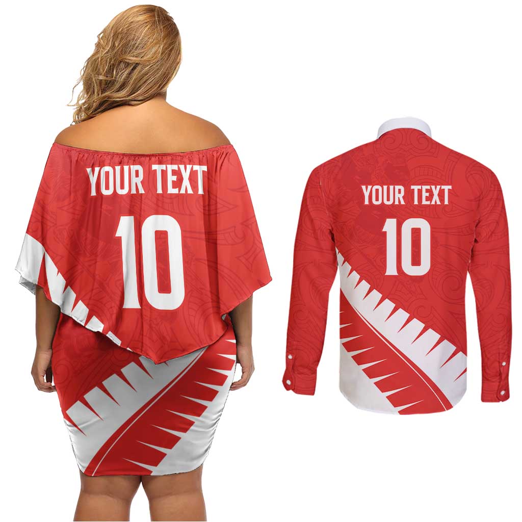 Custom New Zealand Cricket Couples Matching Off Shoulder Short Dress and Long Sleeve Button Shirt Kiwi Birds Haka Dance Red Fern Sporty Style