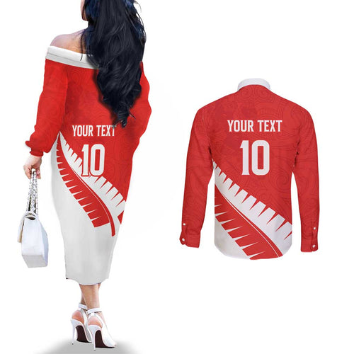 Custom New Zealand Cricket Couples Matching Off The Shoulder Long Sleeve Dress and Long Sleeve Button Shirt Kiwi Birds Haka Dance Red Fern Sporty Style
