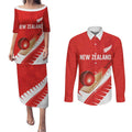 Custom New Zealand Cricket Couples Matching Puletasi and Long Sleeve Button Shirt Kiwi Birds Haka Dance Red Fern Sporty Style