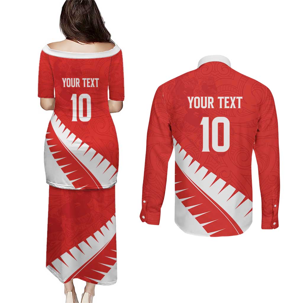 Custom New Zealand Cricket Couples Matching Puletasi and Long Sleeve Button Shirt Kiwi Birds Haka Dance Red Fern Sporty Style