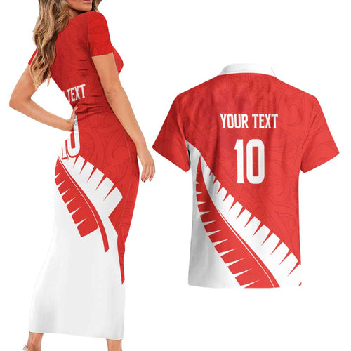 Custom New Zealand Cricket Couples Matching Short Sleeve Bodycon Dress and Hawaiian Shirt Kiwi Birds Haka Dance Red Fern Sporty Style