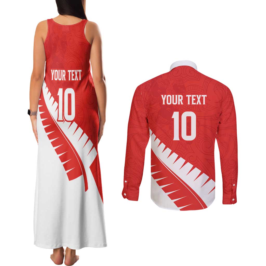 Custom New Zealand Cricket Couples Matching Tank Maxi Dress and Long Sleeve Button Shirt Kiwi Birds Haka Dance Red Fern Sporty Style