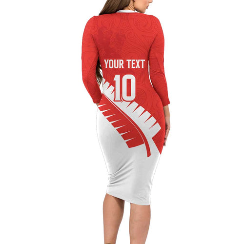 Custom New Zealand Cricket Long Sleeve Bodycon Dress Kiwi Birds Haka Dance Red Fern Sporty Style