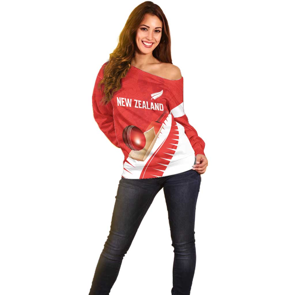 Custom New Zealand Cricket Off Shoulder Sweater Kiwi Birds Haka Dance Red Fern Sporty Style